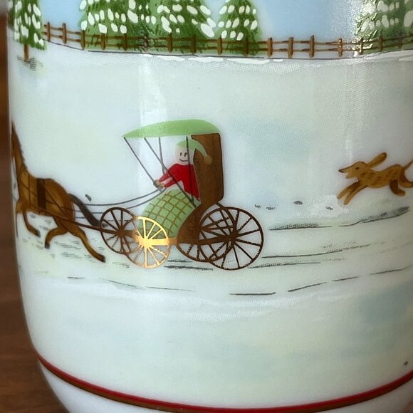 Otagiri Snowy Christmas Scene Porcelain Mug | Tree Horse-Drawn Buggy Dogs Japan - Picture 6 of 11